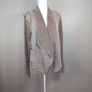DISTRESSED DRAPE STYLE JACKET, MUSHROOM COLOR, SWEATER SLEEVES, SIZE LARGE